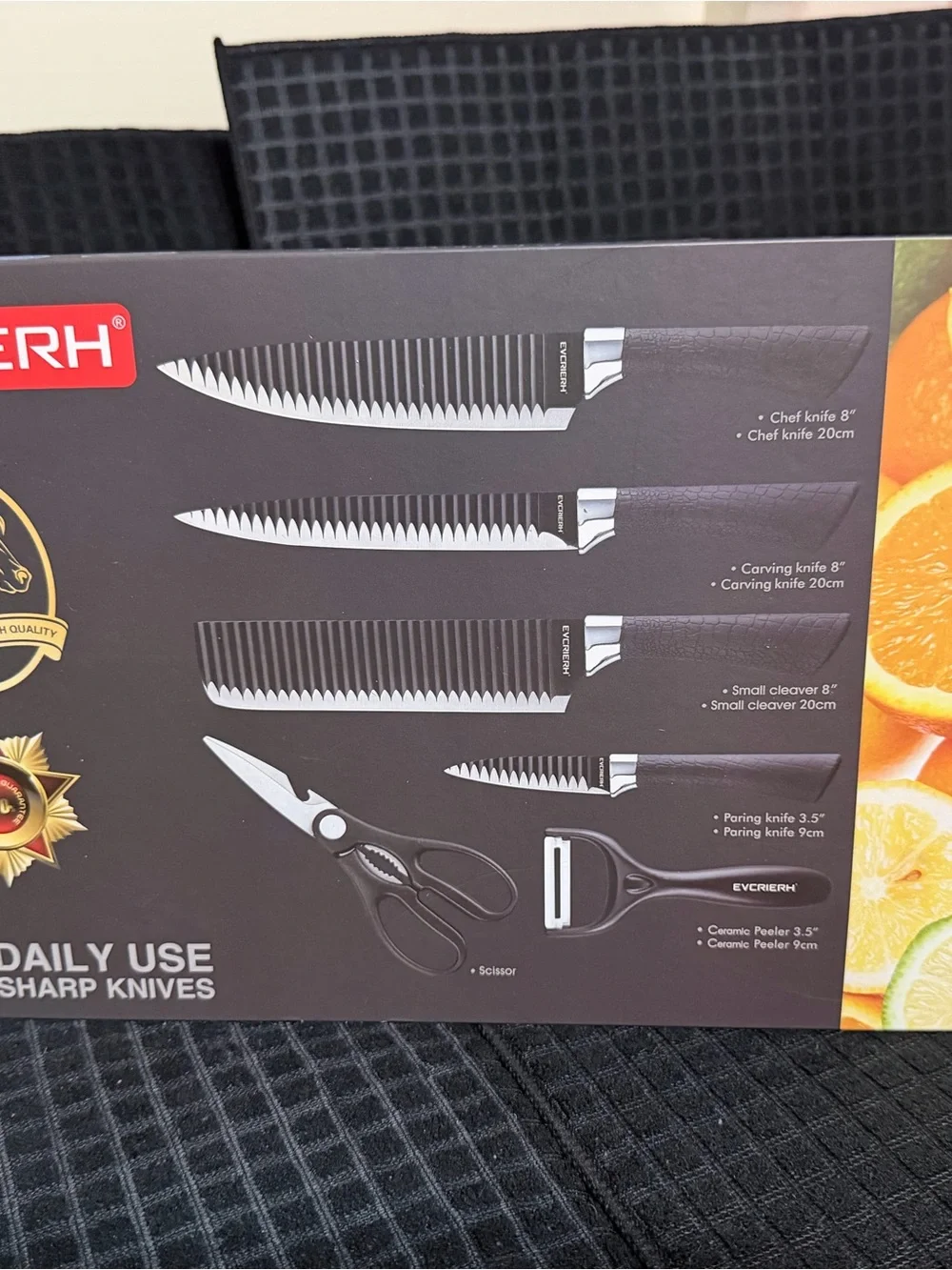 EYCRIERH 6-Piece Black Serrated Knife Set